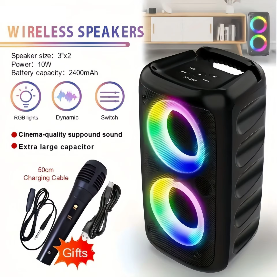 Portable Bluetooth Karaoke Speaker with Wireless Microphone LED Light FM Radio