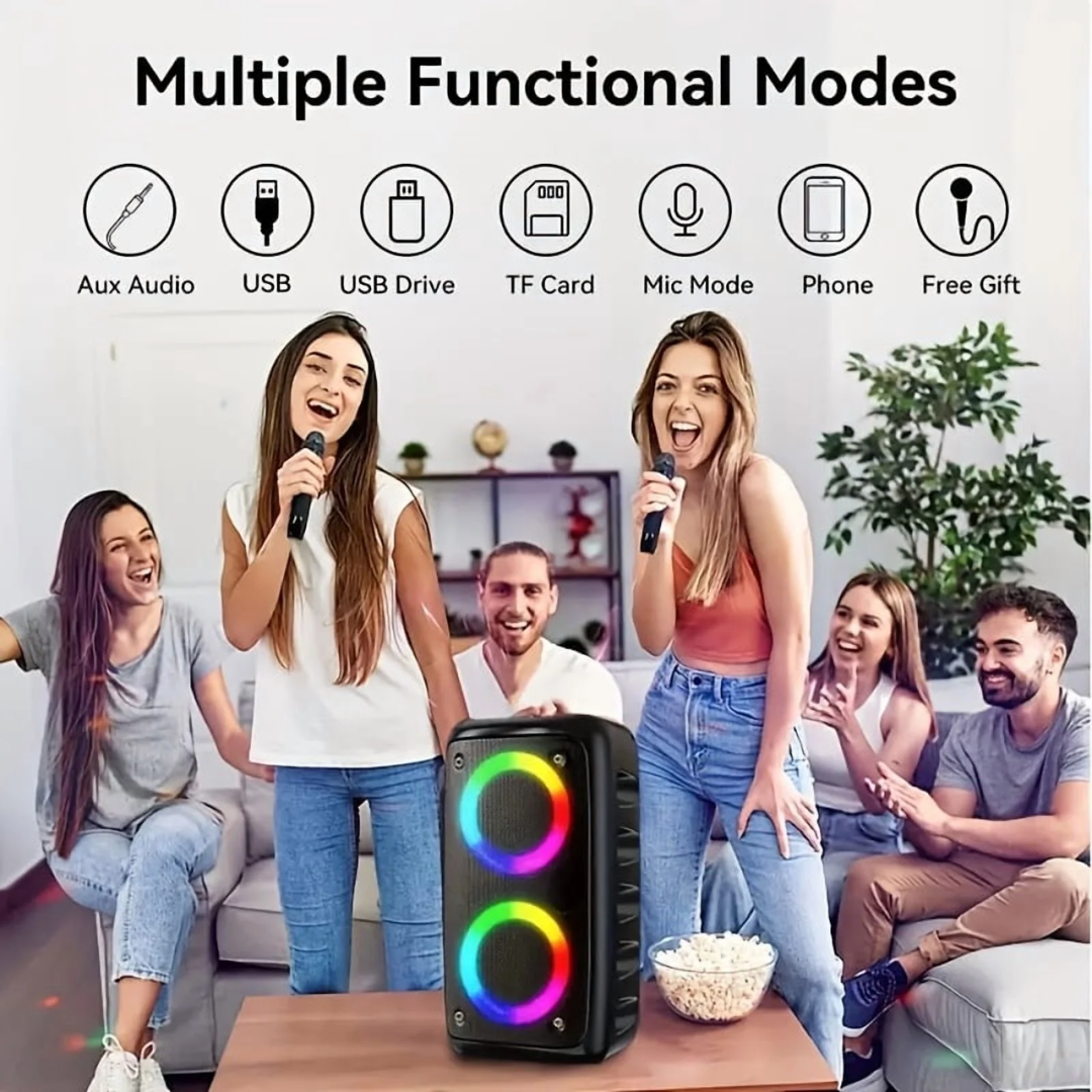 Portable Bluetooth Karaoke Speaker with Wireless Microphone LED Light FM Radio