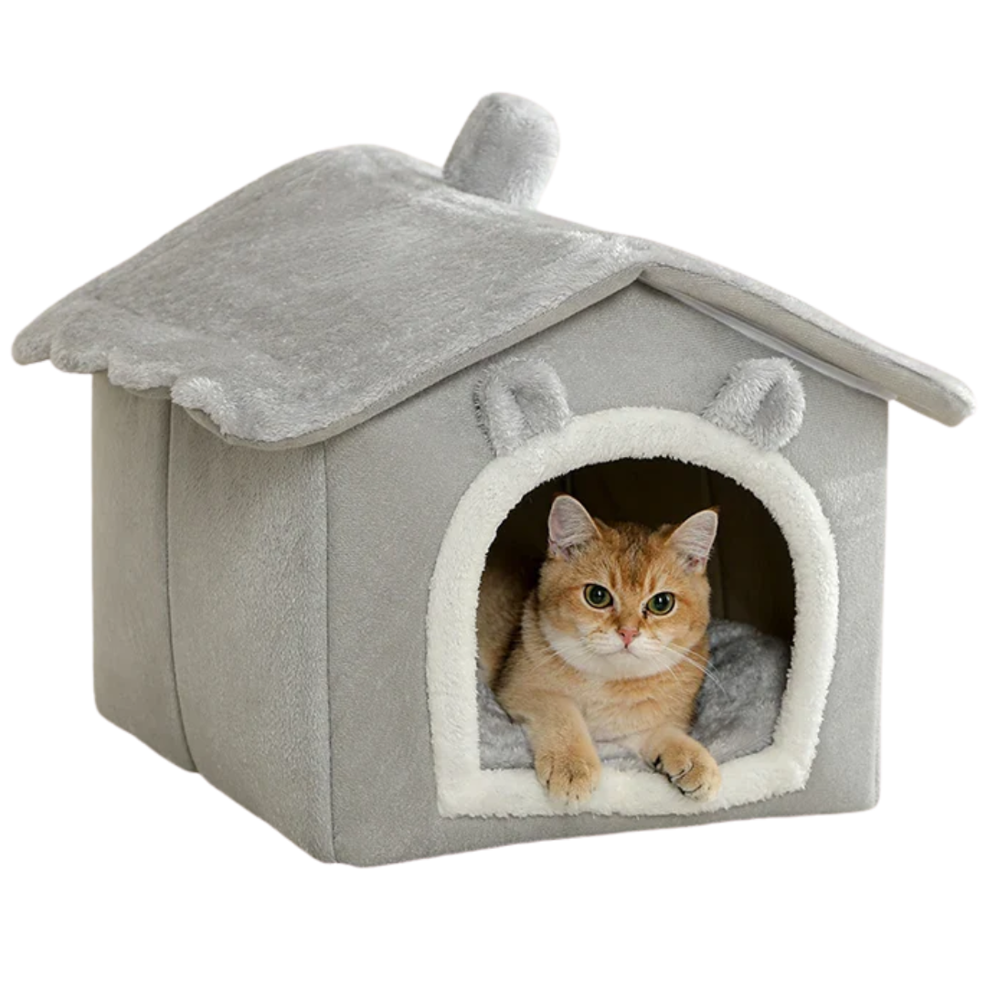 Gray Foldable Pet House with Removable Washable Cushion for Cats and Small Dogs
