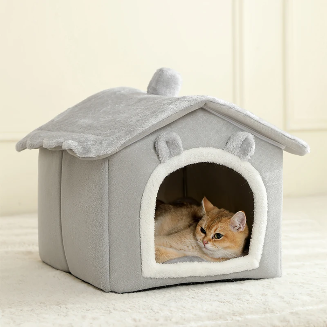 Gray Foldable Pet House with Removable Washable Cushion for Cats and Small Dogs