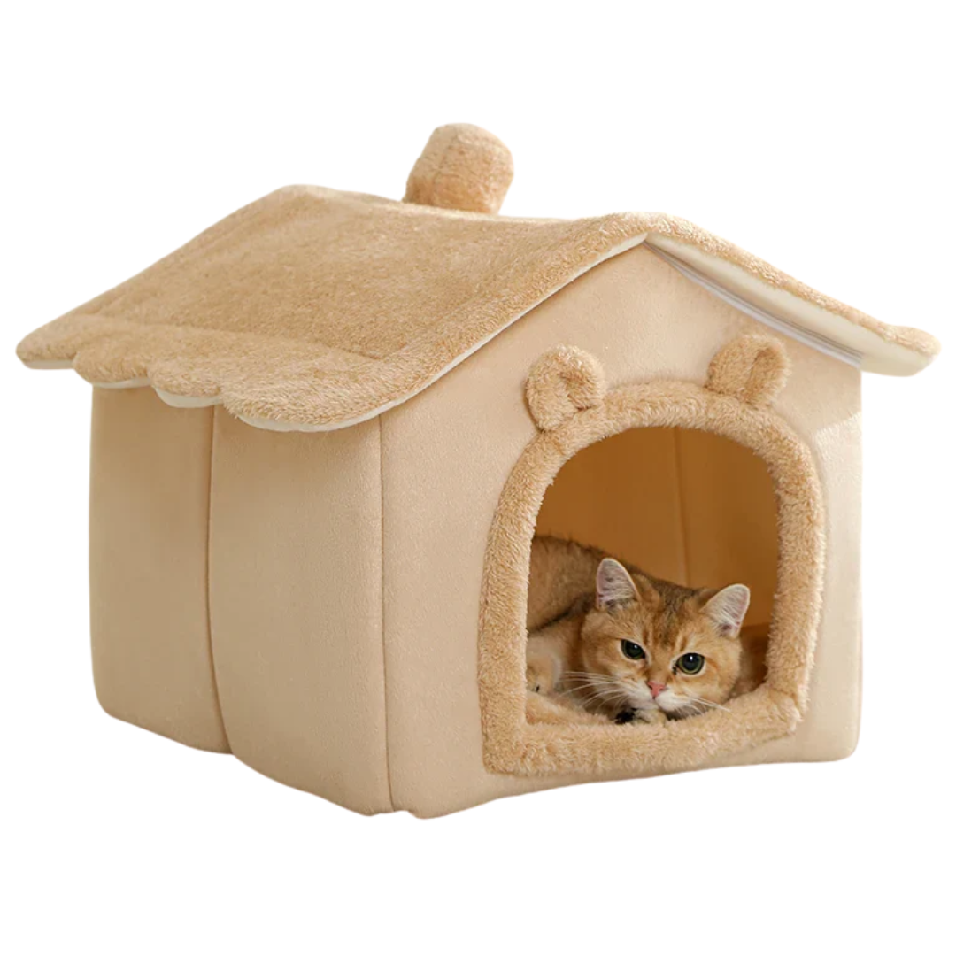 Brown Foldable Pet House with Removable Cushion Soft Cat Bed for Small Dogs and Cats