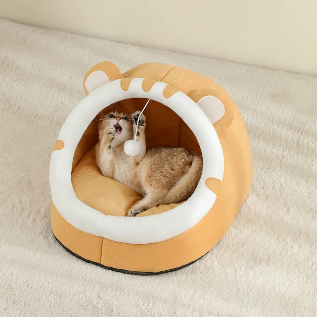 Yellow Cotton Cat Bed Enclosed Pet House Soft Cushion Nest for Cats and Small Dogs