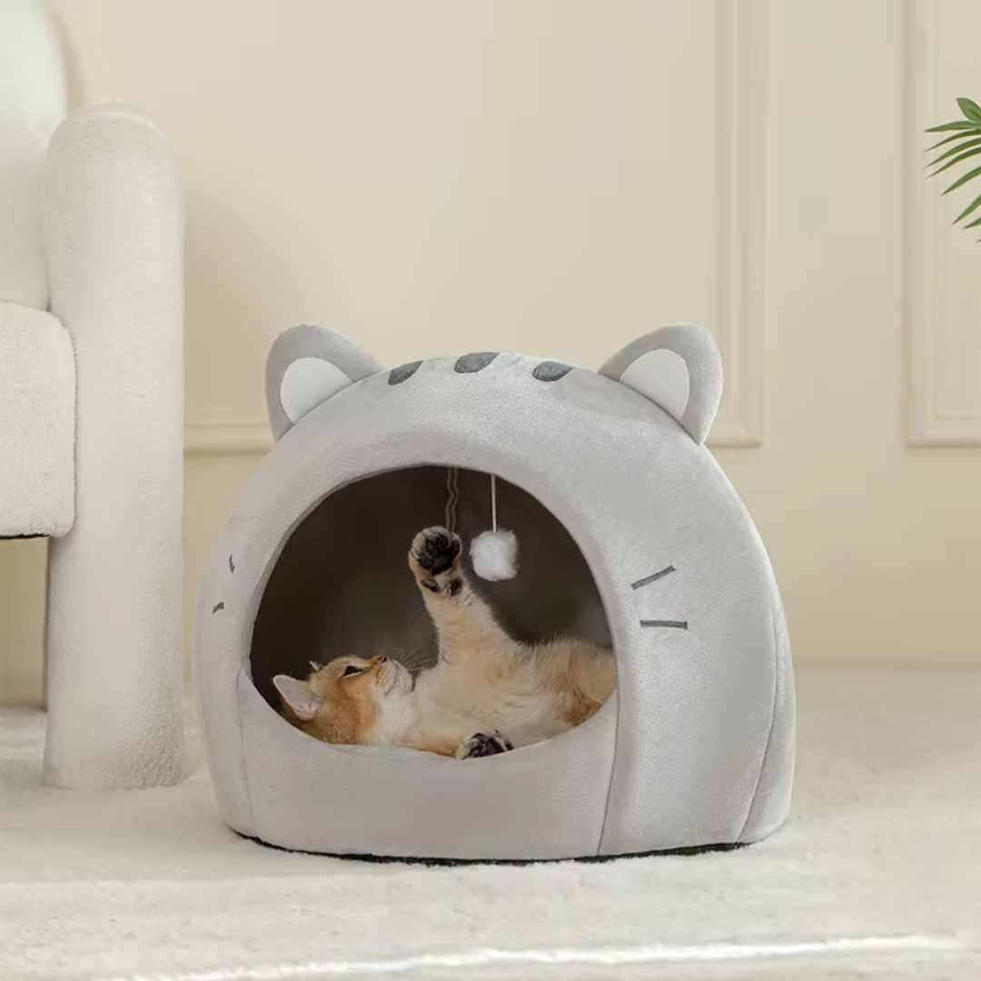 Grey Enclosed Cotton Cat Cave Bed Pet House Cushion for Indoor Cats and Small Dogs