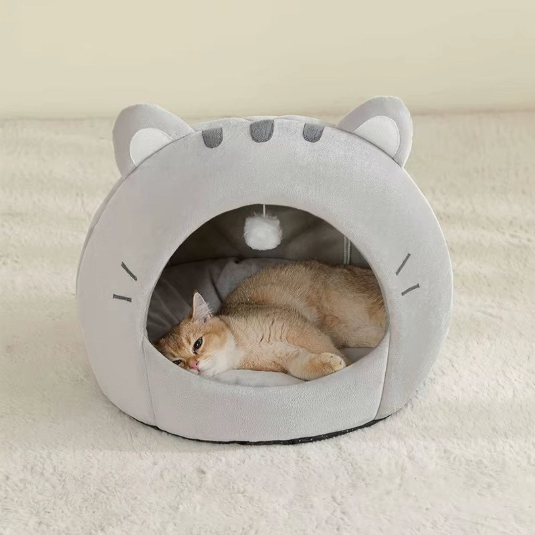 Grey Enclosed Cotton Cat Cave Bed Pet House Cushion for Indoor Cats and Small Dogs