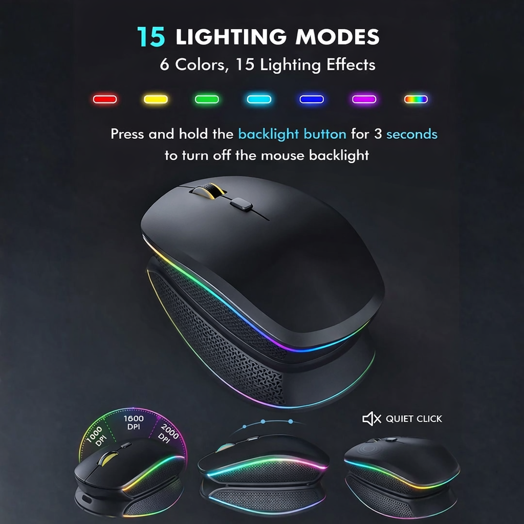 Rechargeable Wireless Keyboard Mouse Combo RGB Backlit Full Size Ergonomic 2.4G USB