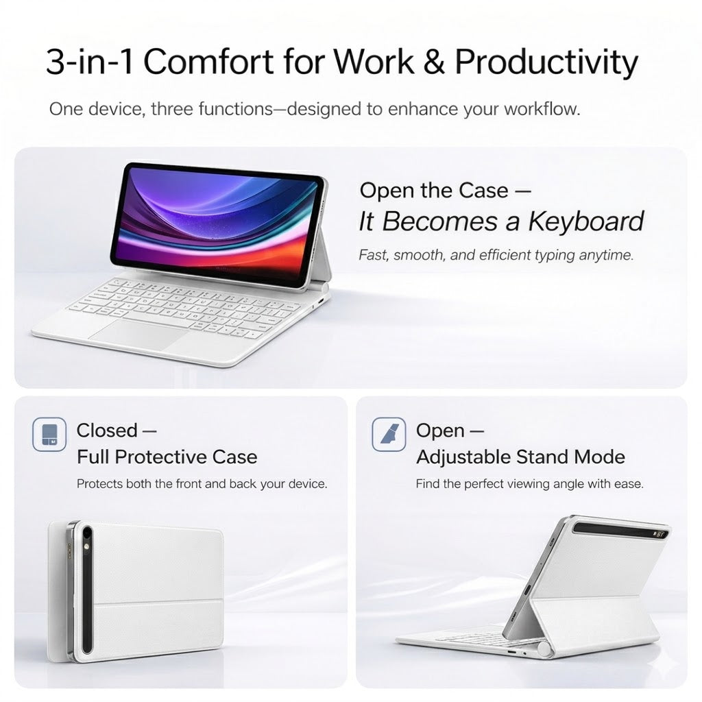 White Keyboard Case with Trackpad for Samsung Galaxy Tab S7, S8, S9 & S9 FE